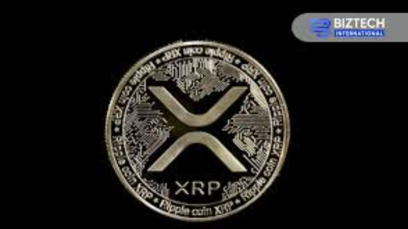 Image of an XRP cryptocurrency coin against a black background.