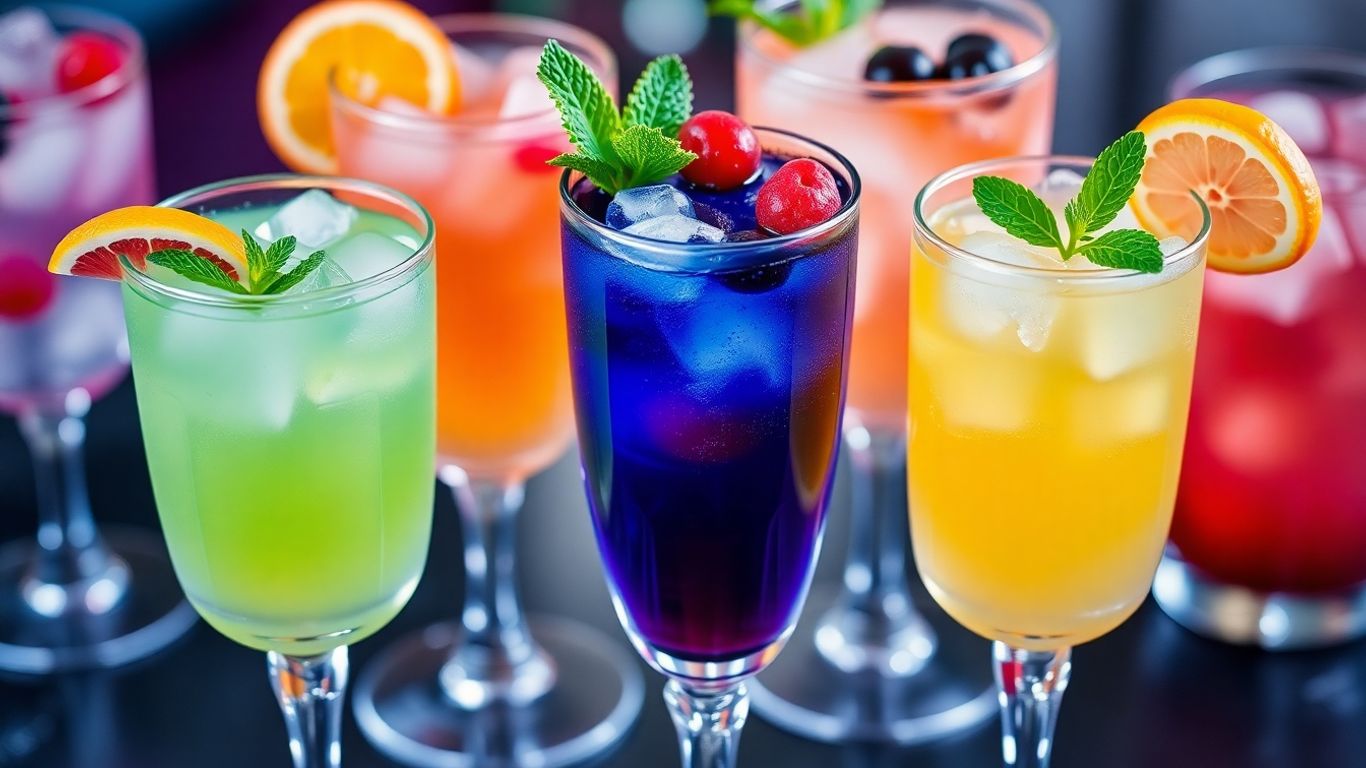 Colorful non-alcoholic cocktails with fruit garnishes.
