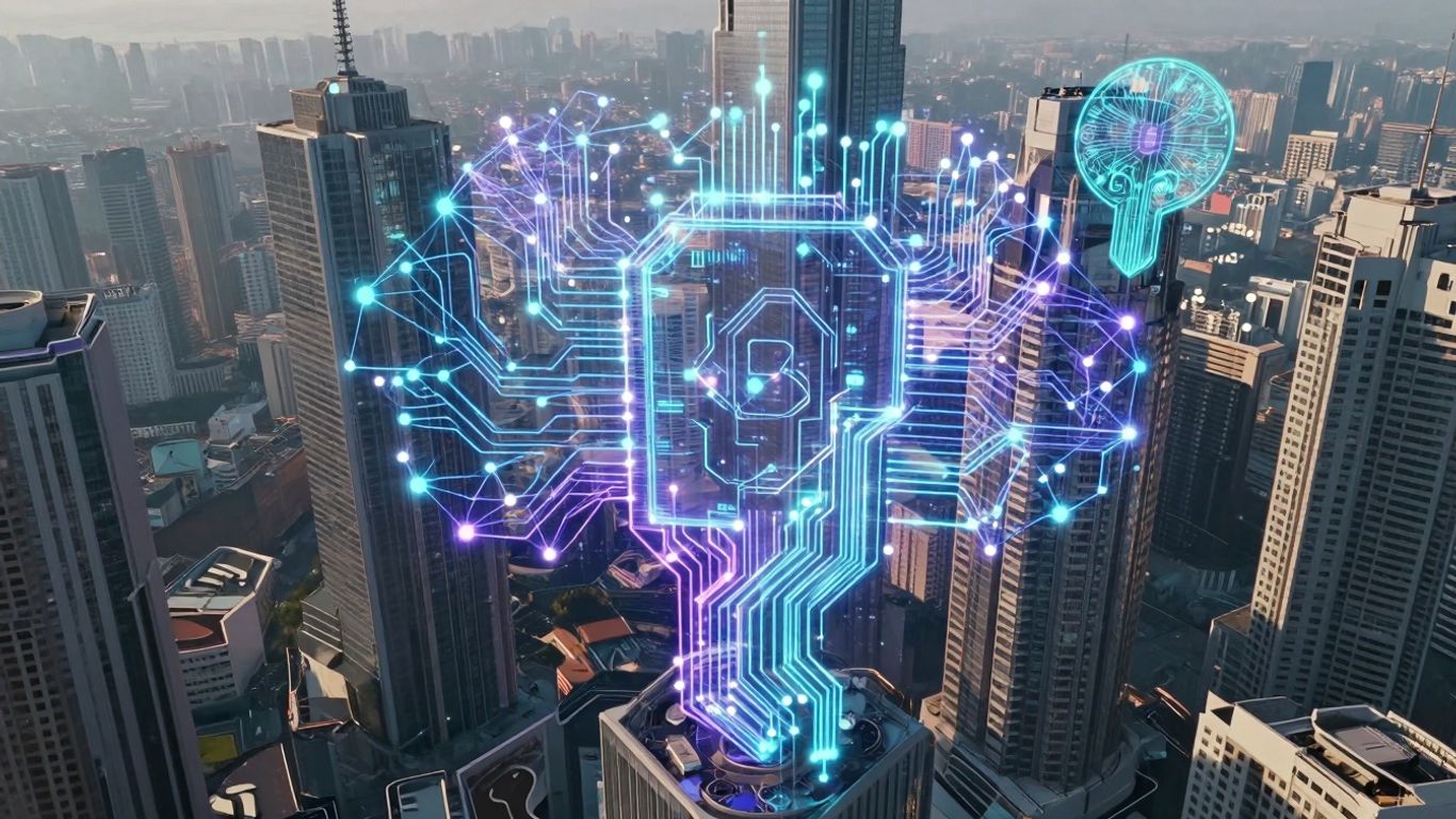 AI and blockchain merging in a futuristic digital landscape.