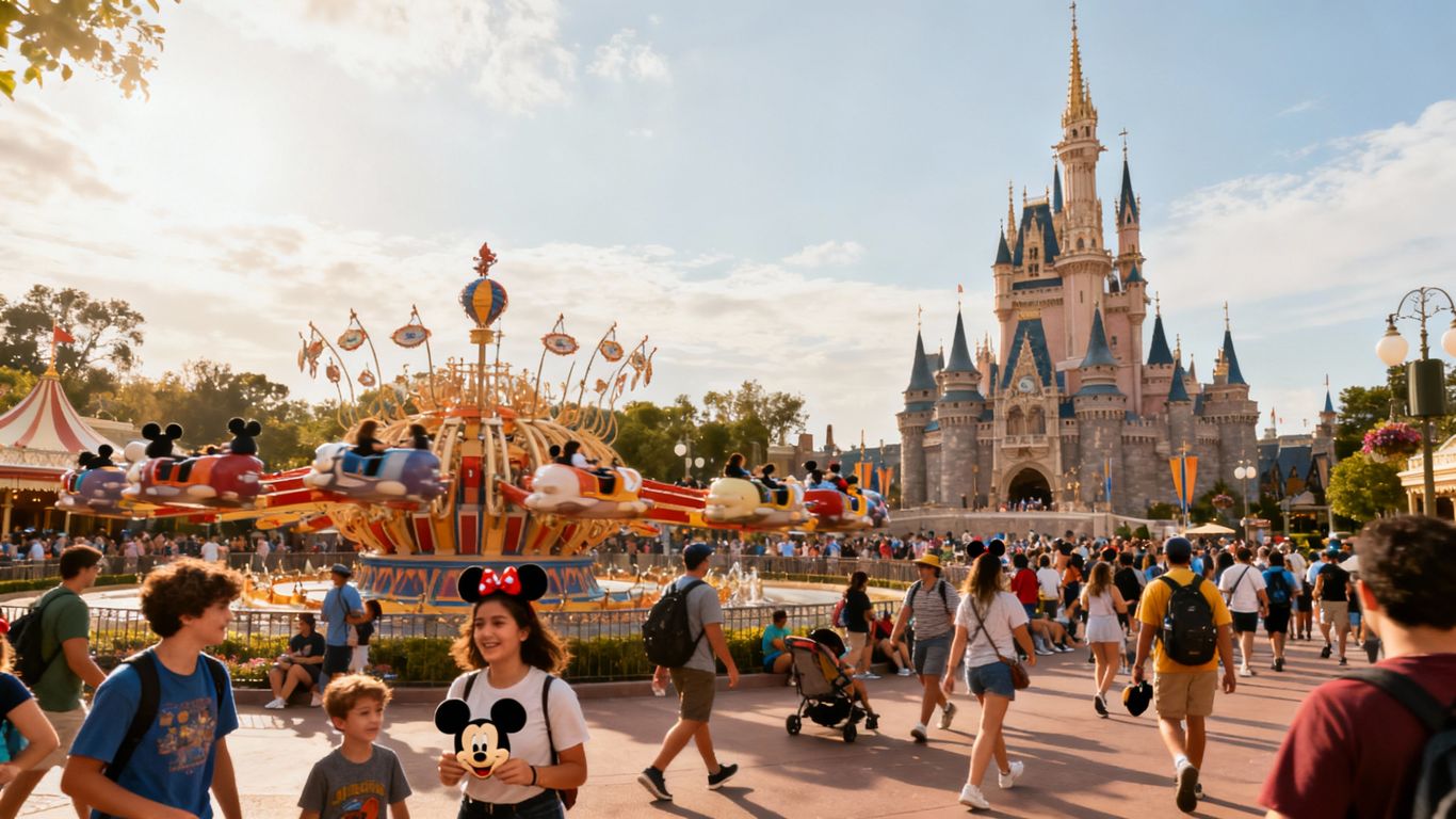 Disney theme park with crowds and iconic castle.