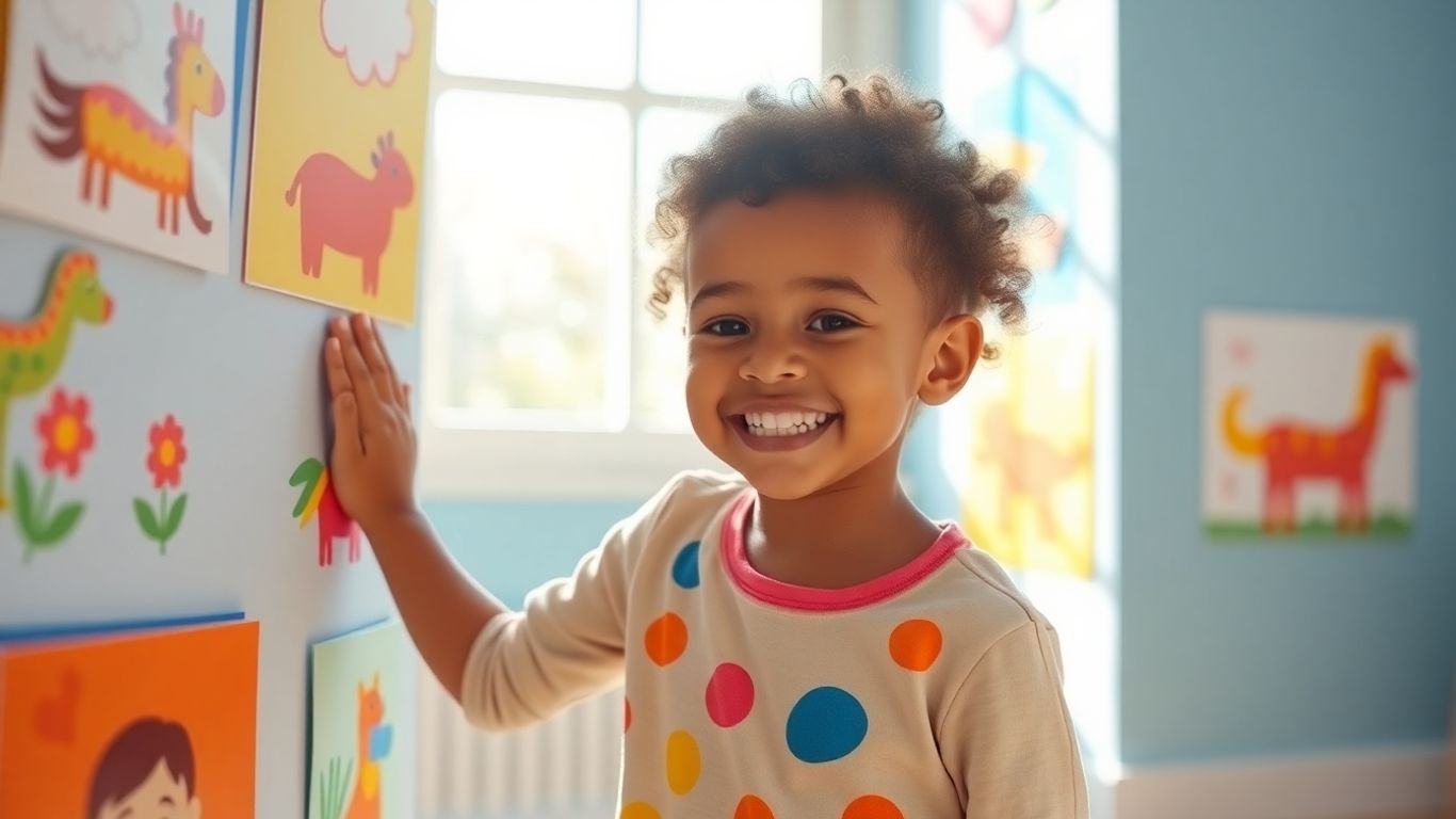 Child happily touching colorful wall art in a bright room.