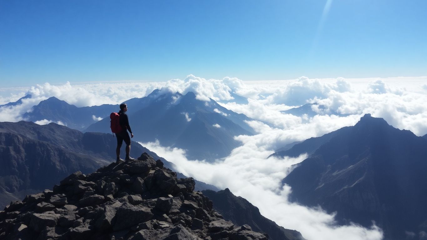 Hiker on mountain summit overlooking clouds and peaks.