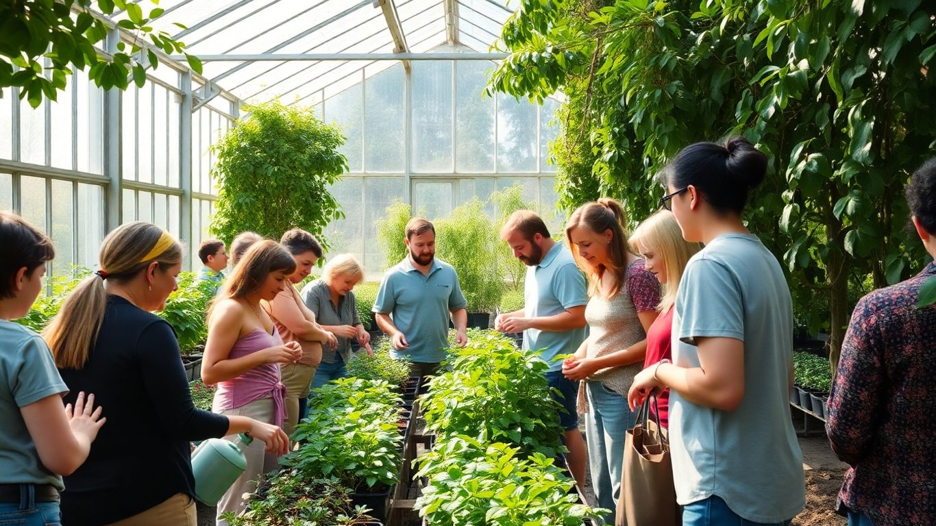 Menschen arbeiten zusammen in einem Gewächshaus im Winter.