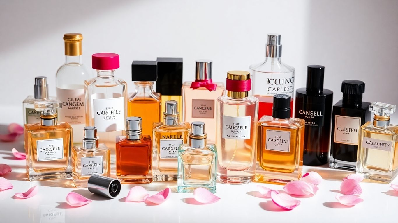 Celebrity perfume bottles and atomizers with flower petals.