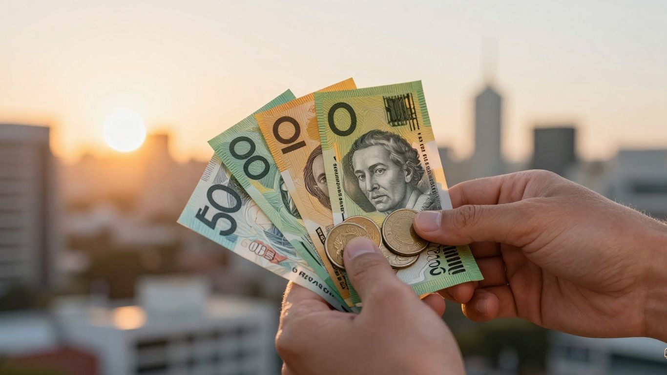 Australian person planning finances with money and cityscape.