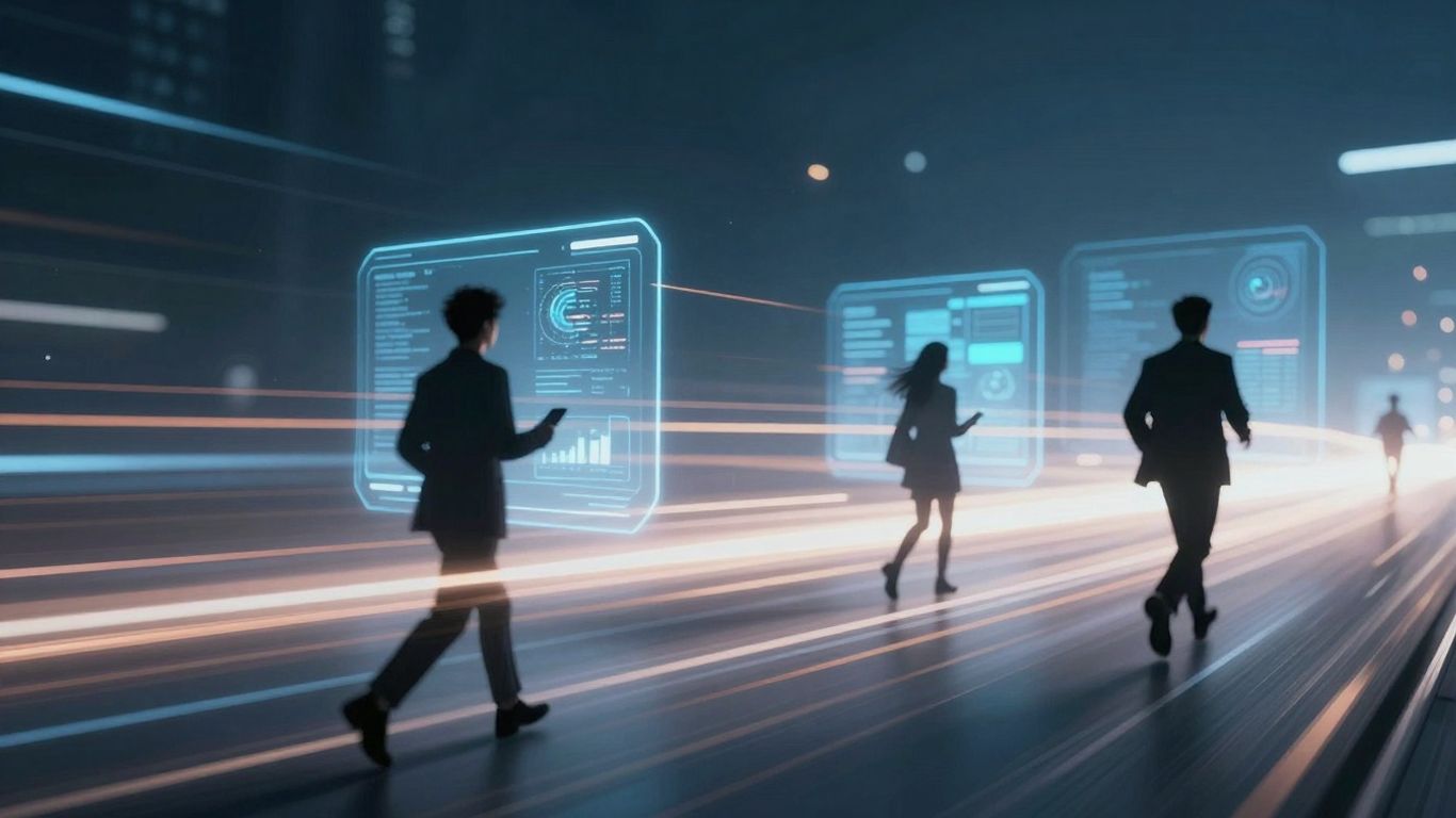 Futuristic digital landscape with fast-moving lines and user interfaces.