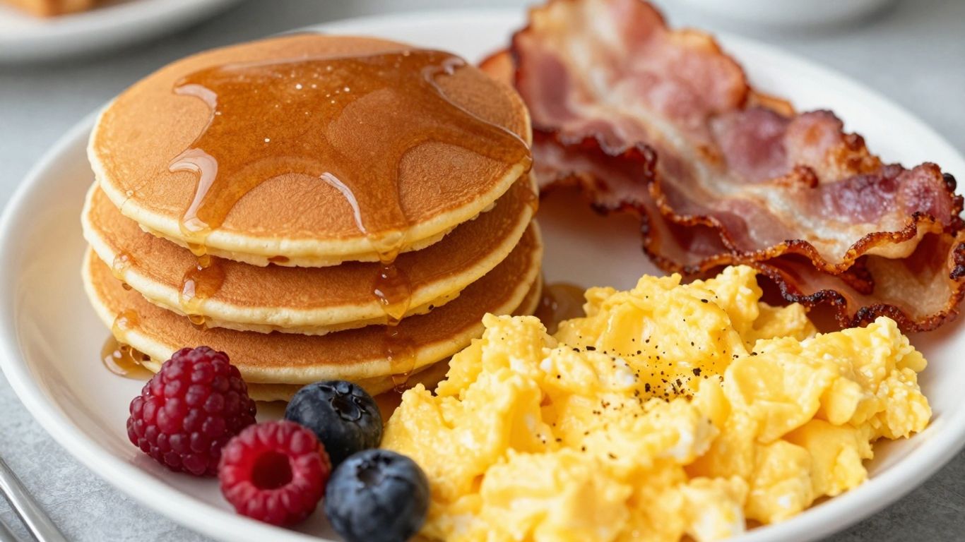 Delicious breakfast spread with pancakes, eggs, and bacon.