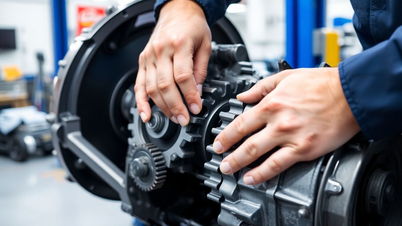 Mechanic inspecting a car transmission