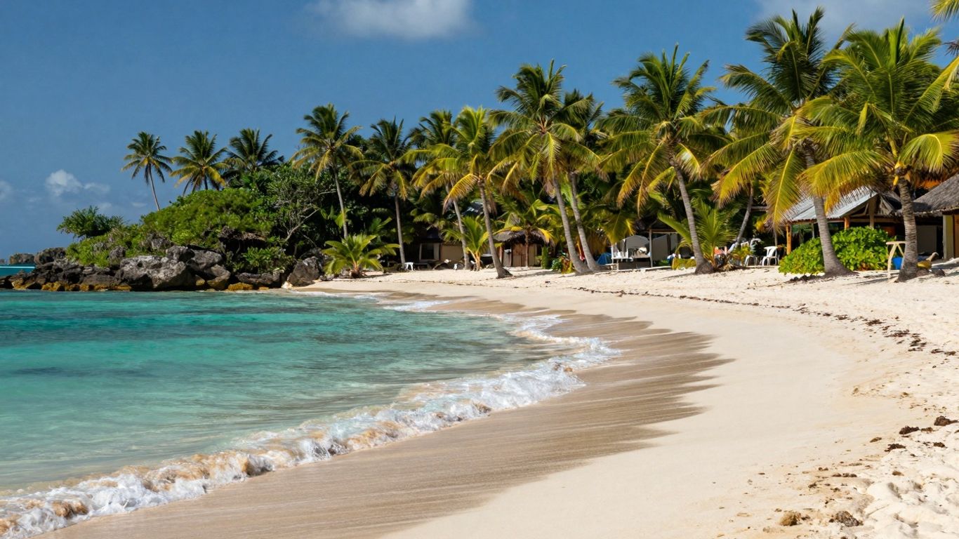 Tropical Jamaican beach with white sand and turquoise water.