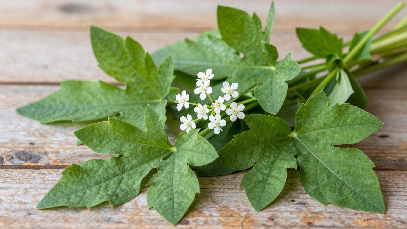 Verse Zevenblad bladeren met bloemen op een houten achtergrond.