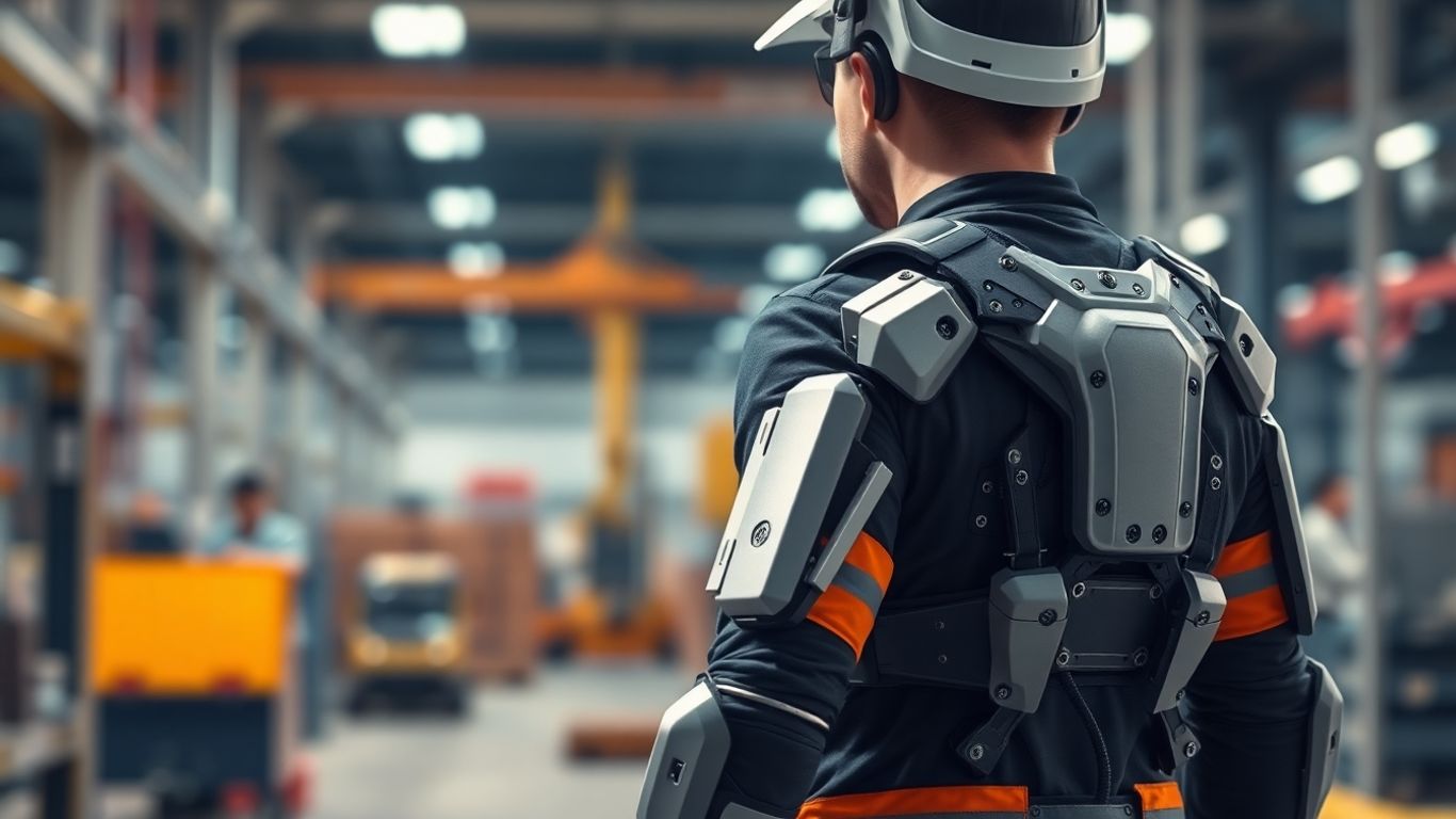 Arbeiter mit Exoskelett in einer Fabrik