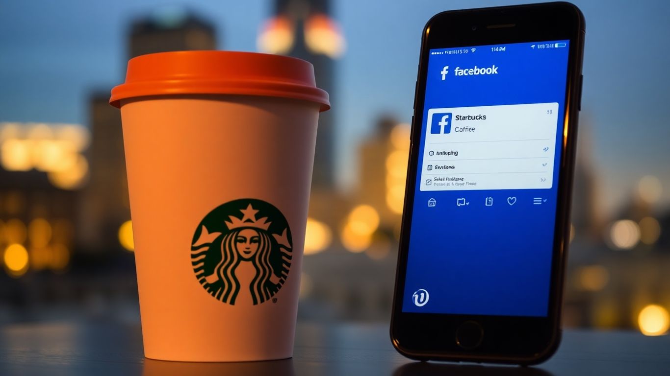 Starbucks cup and Facebook app on a phone.
