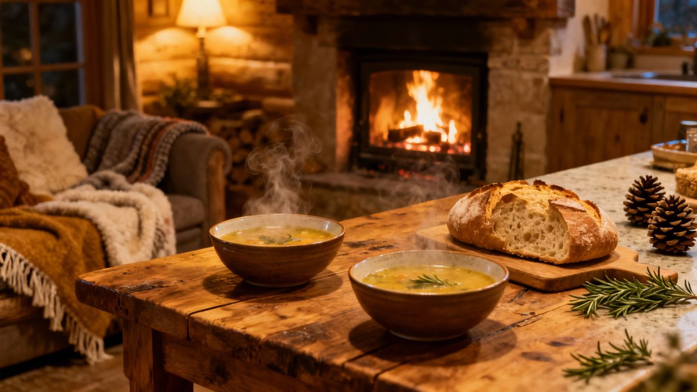 Cozy kitchen with fireplace, warm lighting, and winter meal.