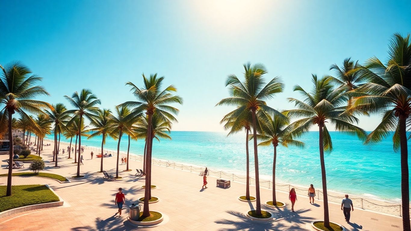 Miami Beach Boardwalk with palm trees, ocean, and people.