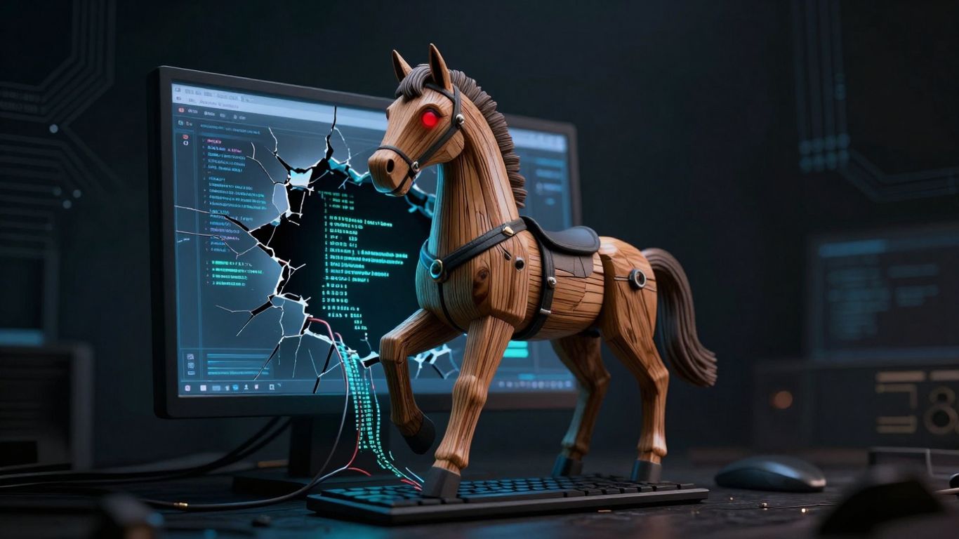 Digital Trojan horse emerging from a cracked computer screen.