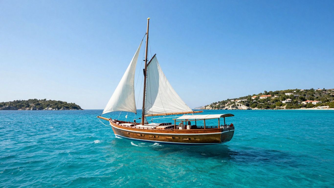 Luxury gulet sailing on turquoise Mediterranean waters.