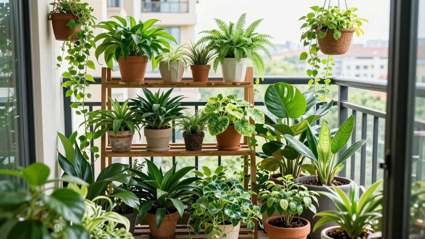Viele Pflanzen auf kleinem Raum auf einem Balkon