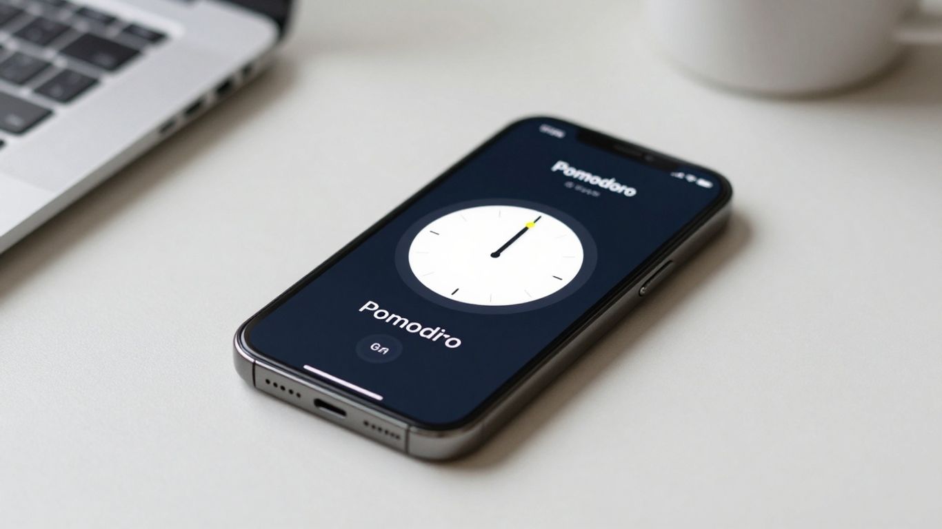 Smartphone Pomodoro timer on a desk.
