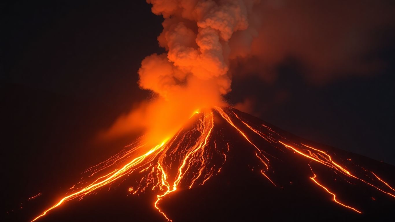 壯觀的火山爆發，熔岩和煙霧瀰漫。