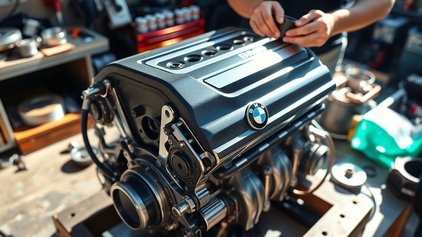 BMW engine parts and mechanic working on a car.