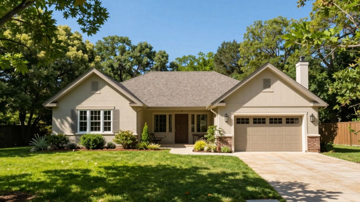 Casa de vacaciones con jardín y cielo azul.