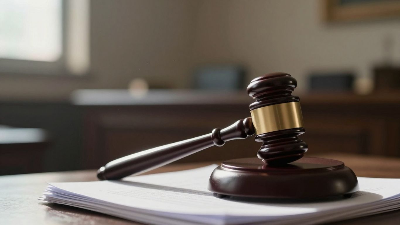 Gavel on legal documents in a courthouse.