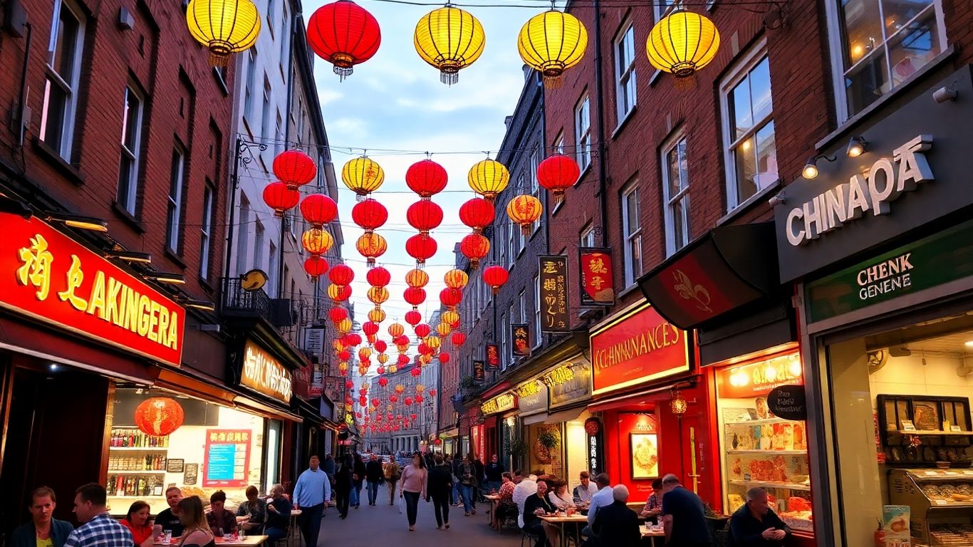 Lively Chinatown London street with lanterns and diners