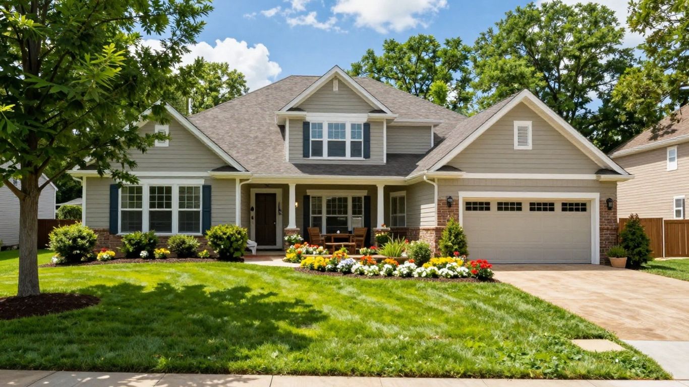 Beautifully landscaped house with green lawn and flowers.