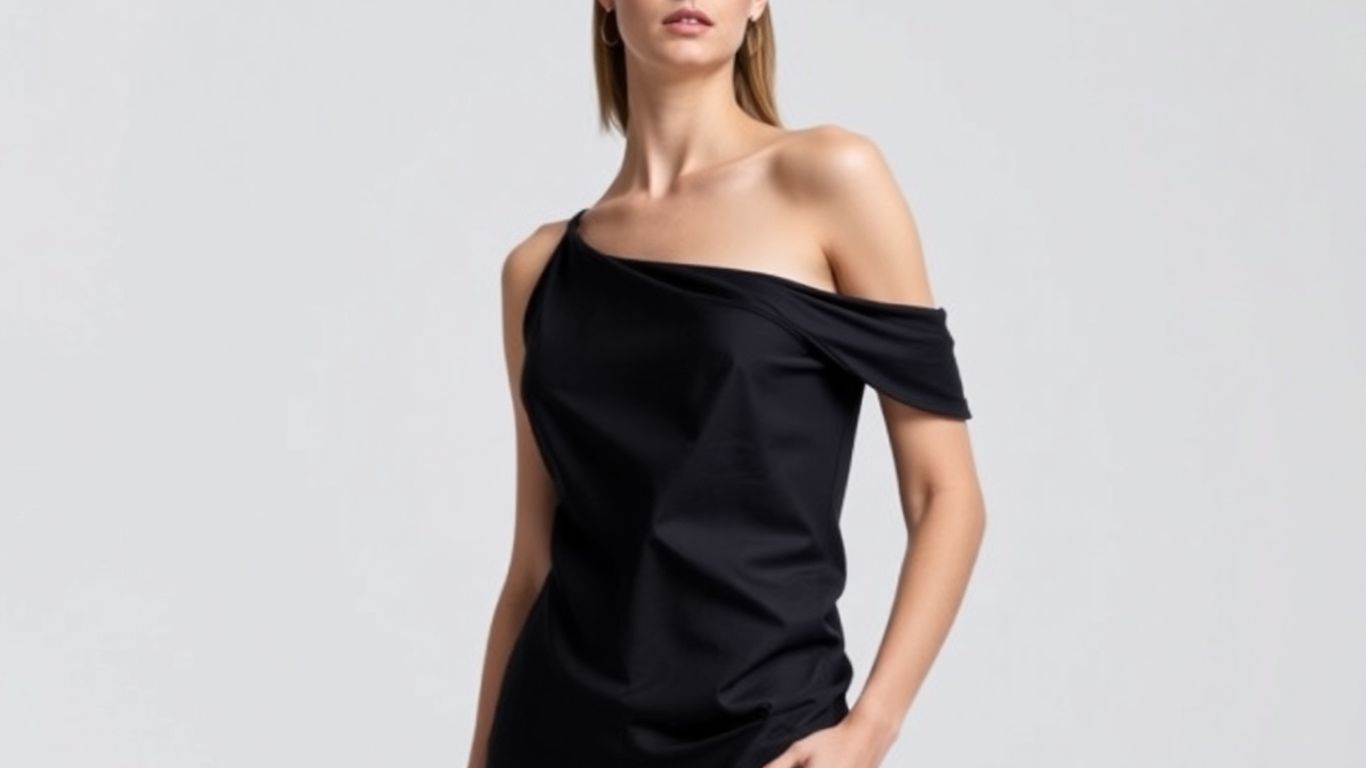 Model wearing a stylish asymmetrical top with unique silhouette.