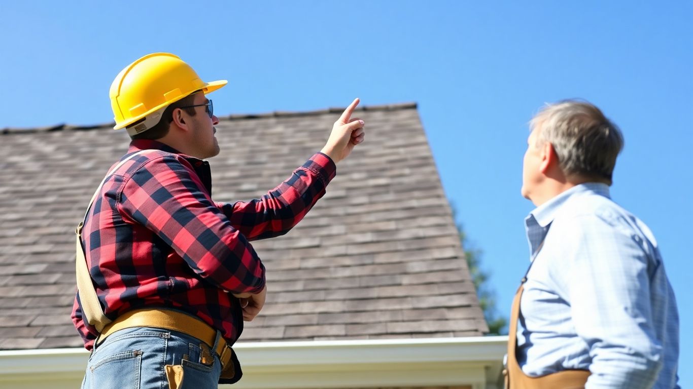 Roofer inspecting a shingled roof with a homeowner.