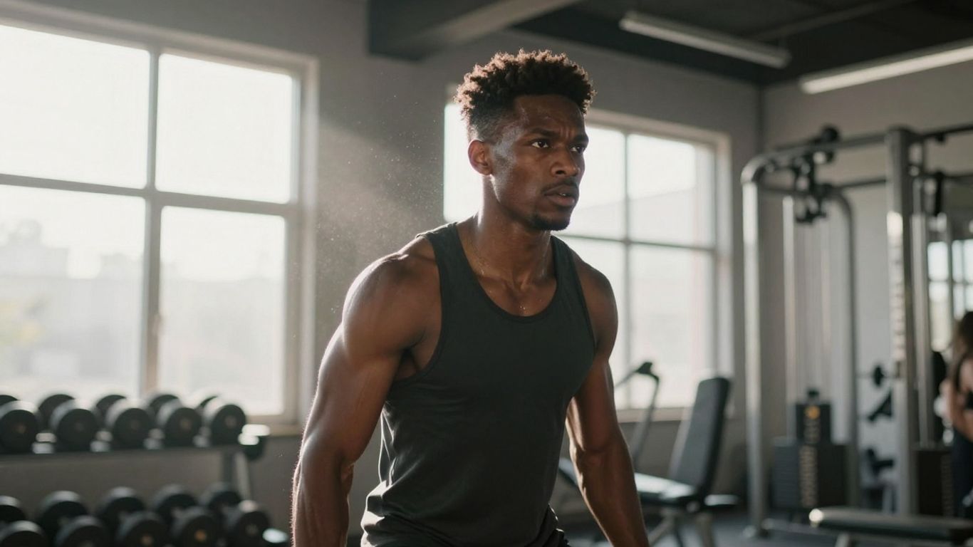 Person working out intensely in a sunlit gym.