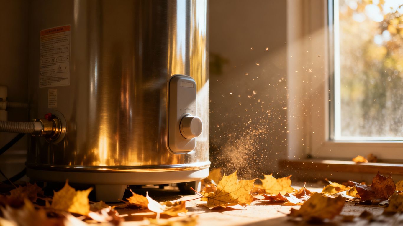 Water heater with fall leaves, sunlight.