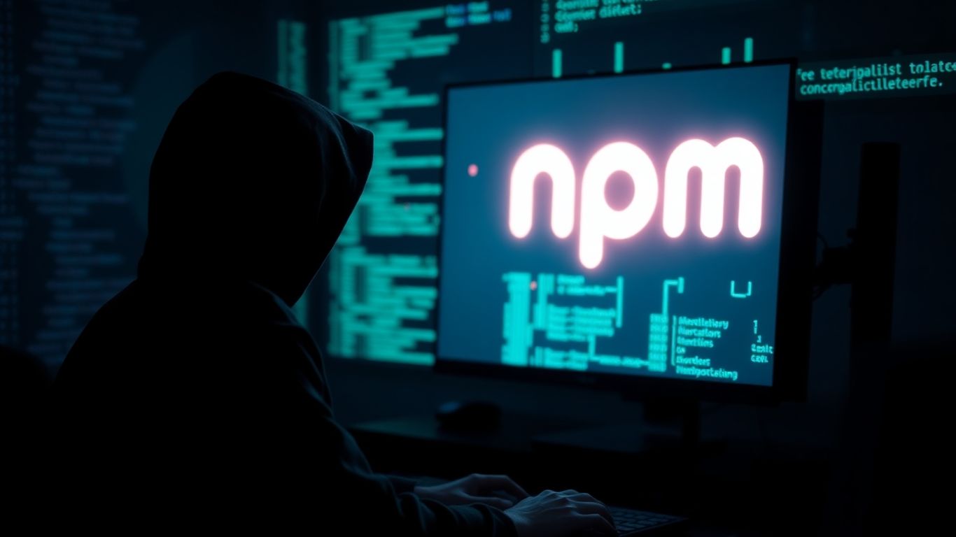 Hacker at computer with npm logo and code