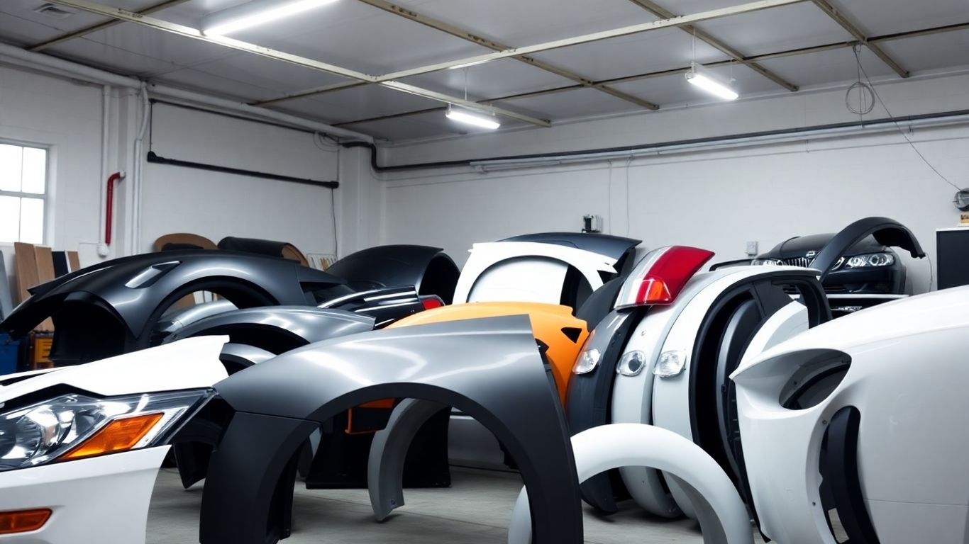 Honda body panels and lights in a workshop