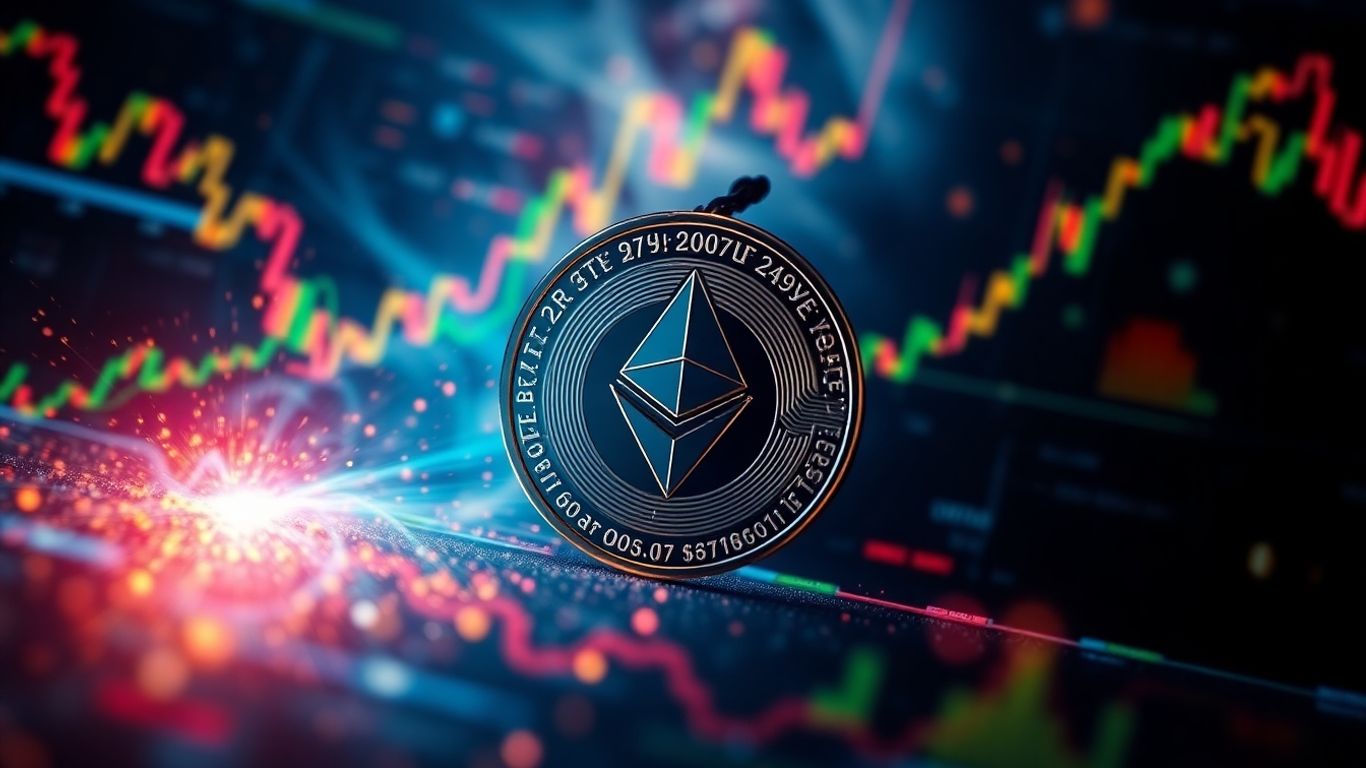 Cryptocurrency coin with abstract financial data streams.