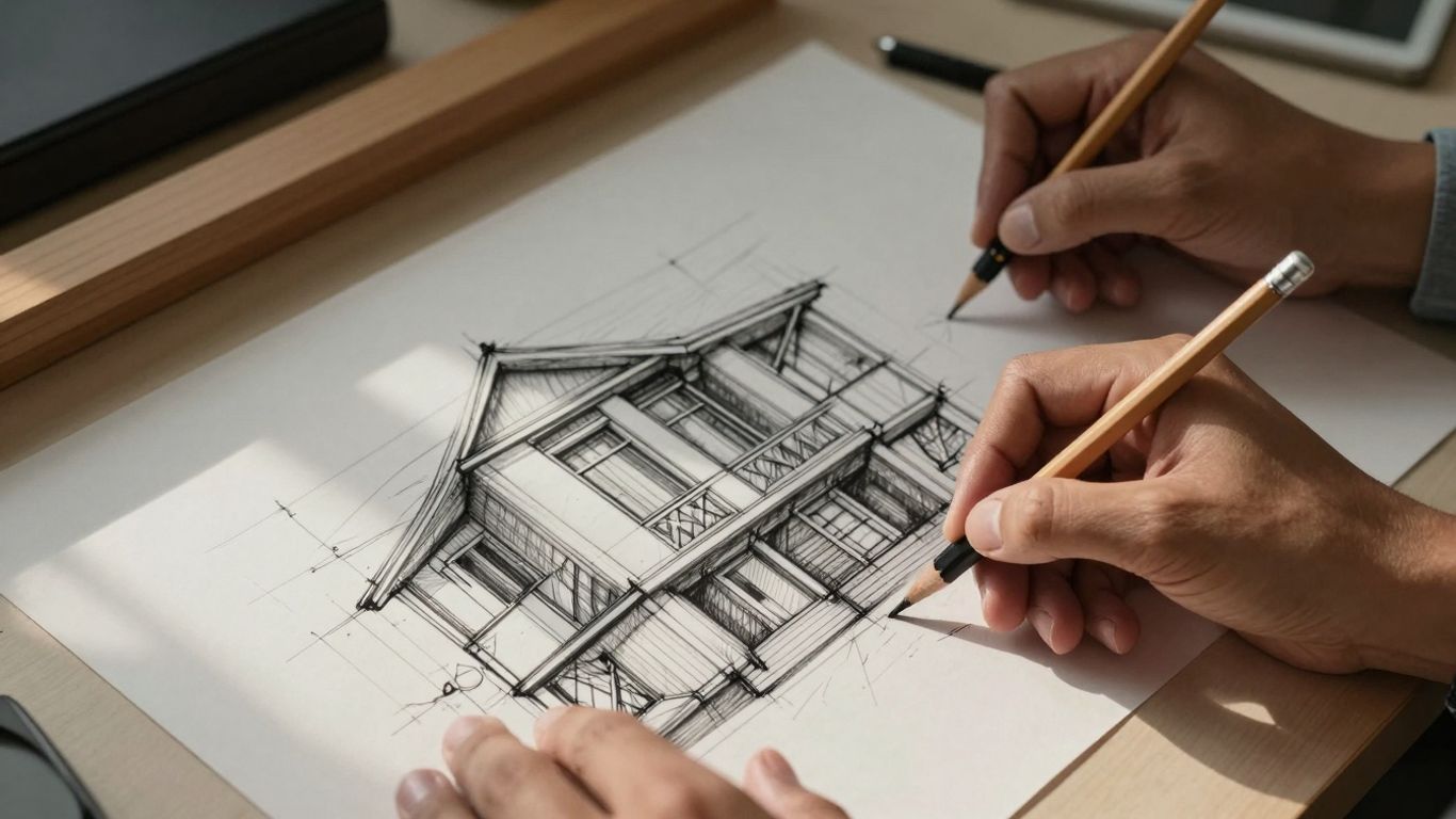 Architectural drawing in progress with hands and pencil.
