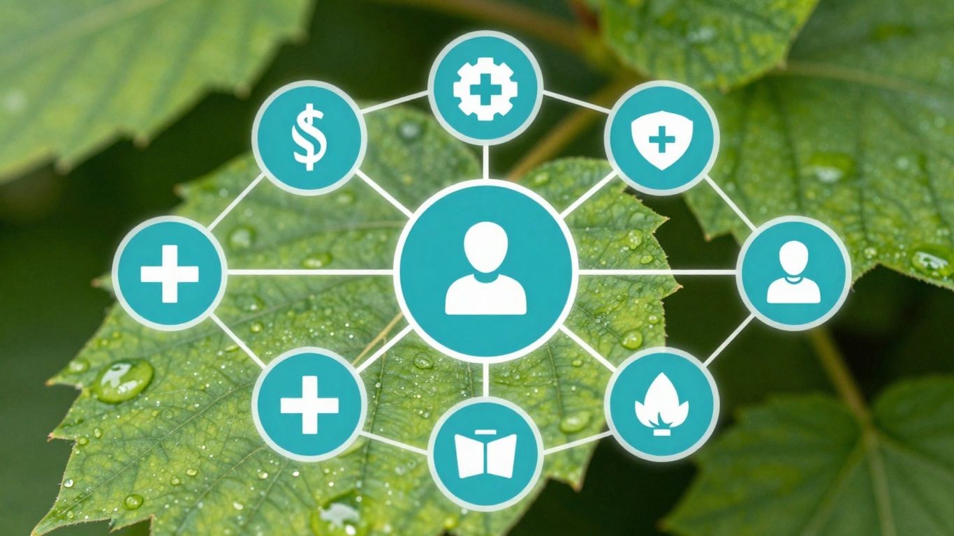 Digital health and wellness icons integrated with nature.