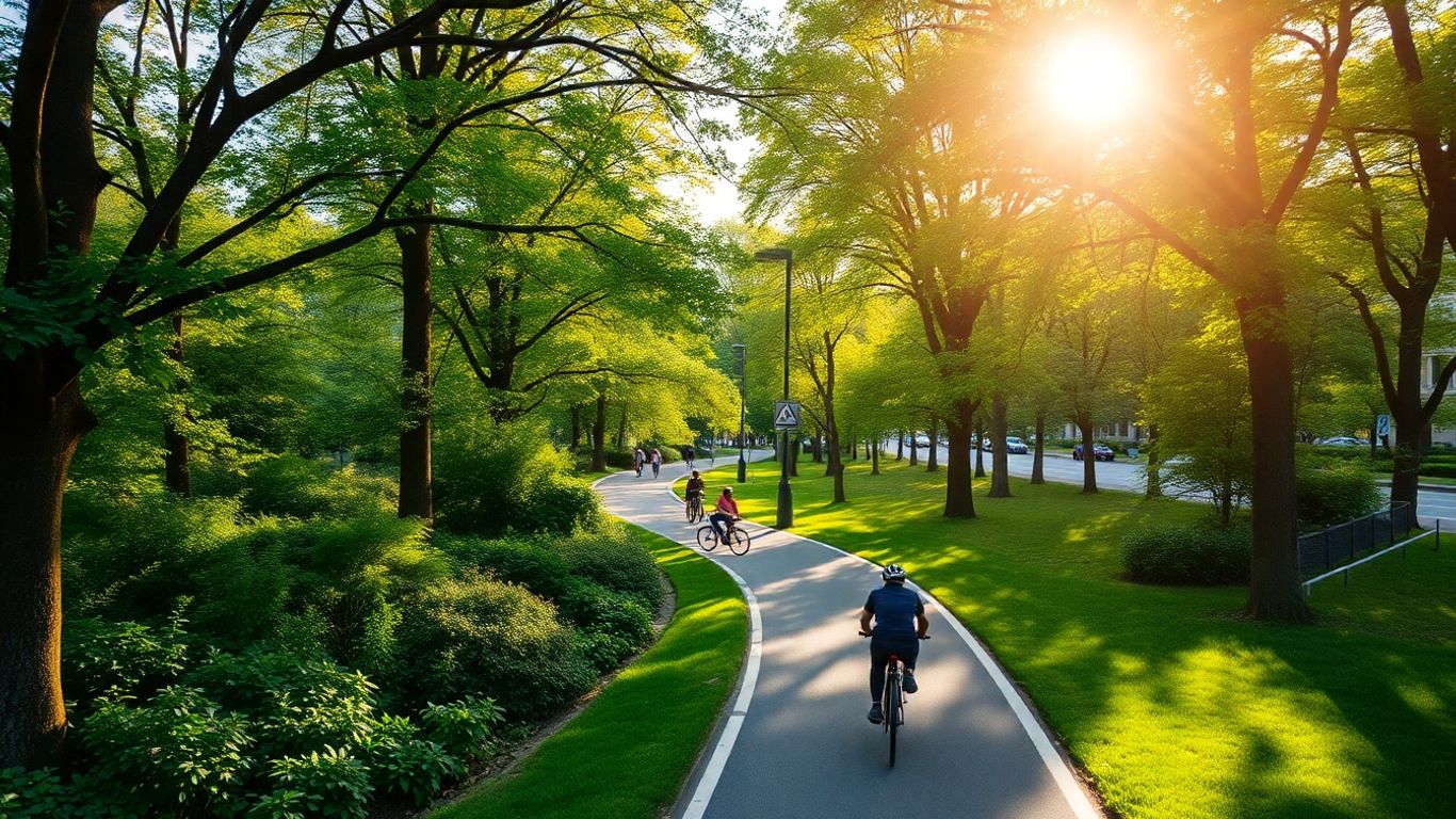 Piste de biciclete și parcuri verzi în oraș.