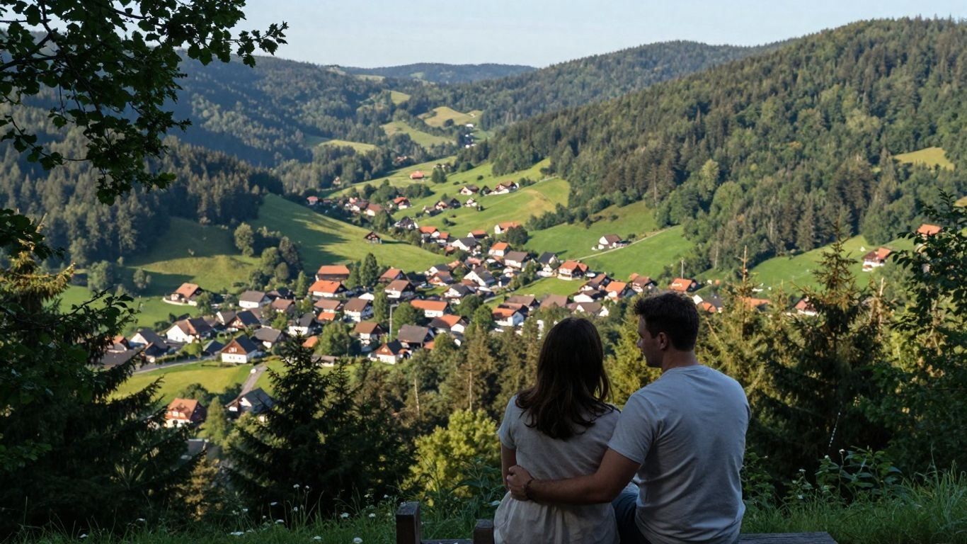 Romantisches Paar auf einem Berggipfel im Harz