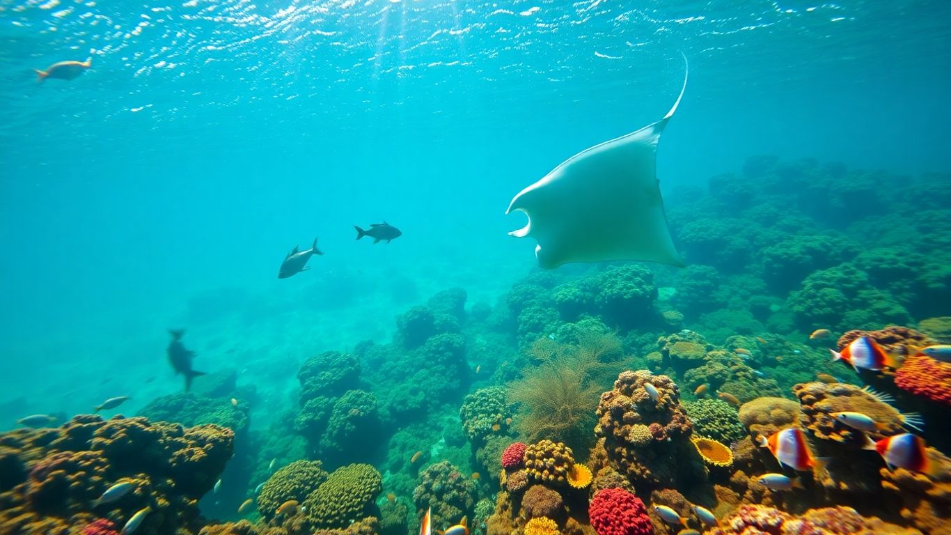 Vibrant coral reef with fish and manta ray in Raja Ampat.