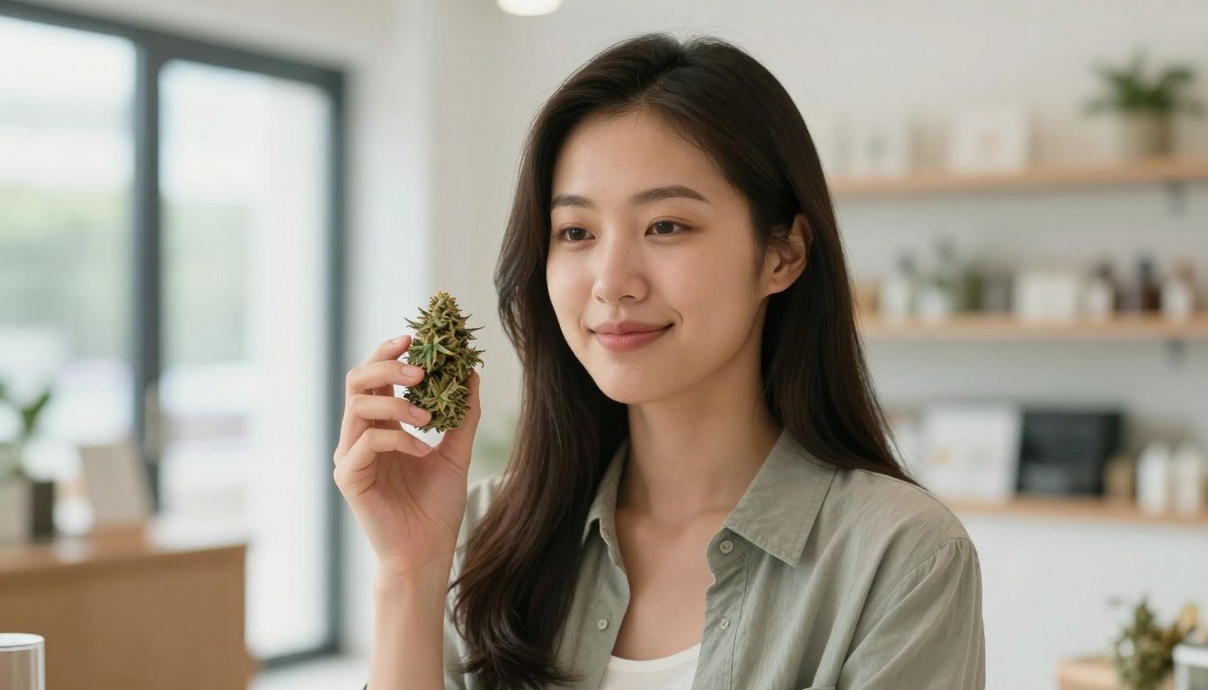 Woman holding cannabis product in a dispensary.