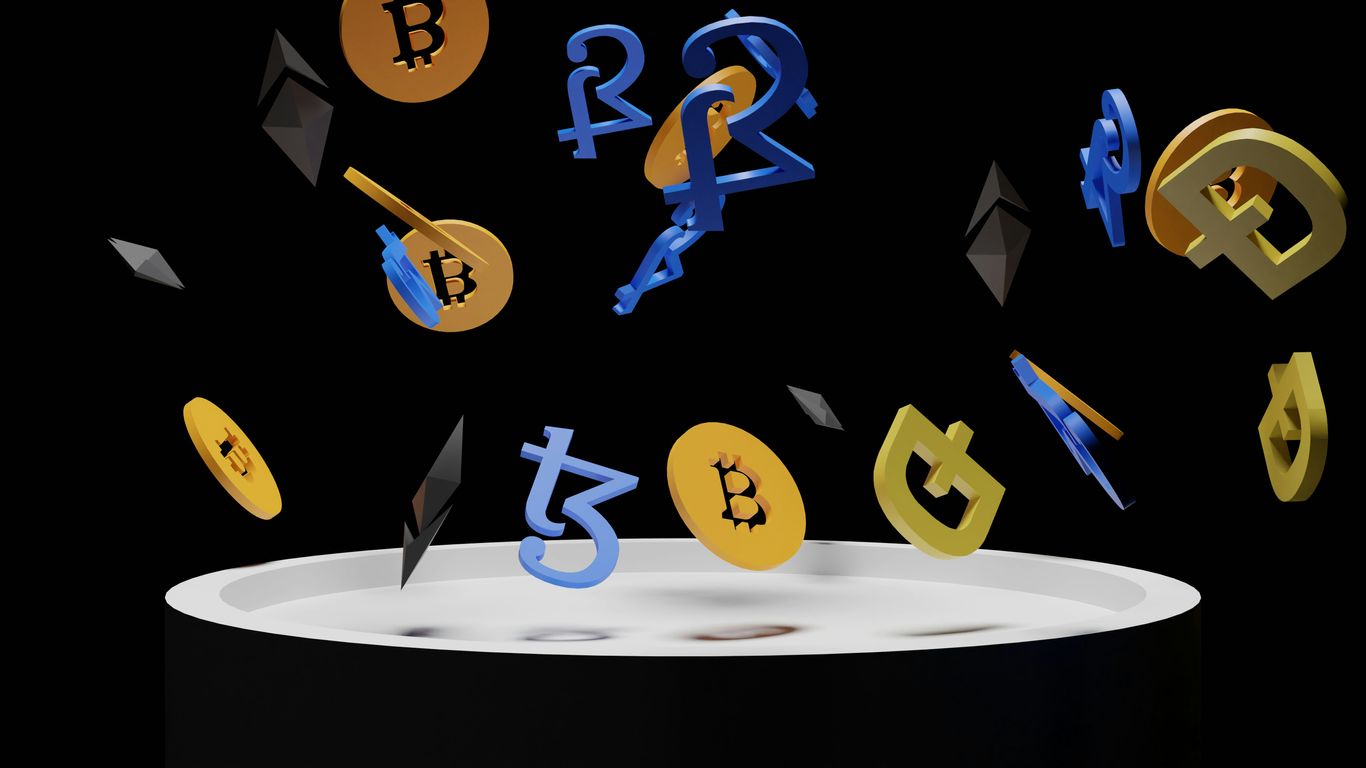 A collection of cryptocurrency symbols floating above a circular container.
