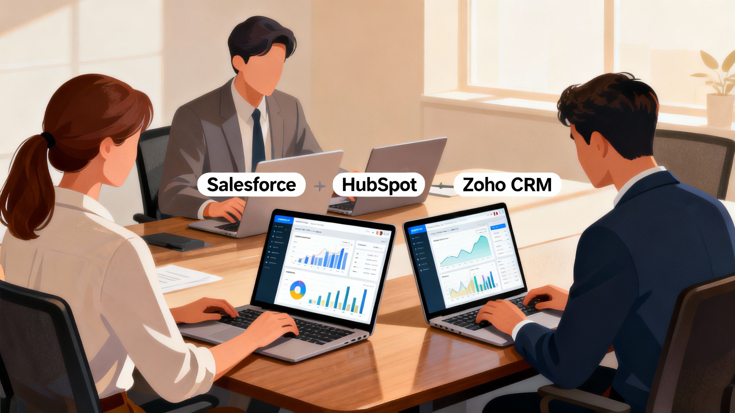 team comparing CRM options on laptops