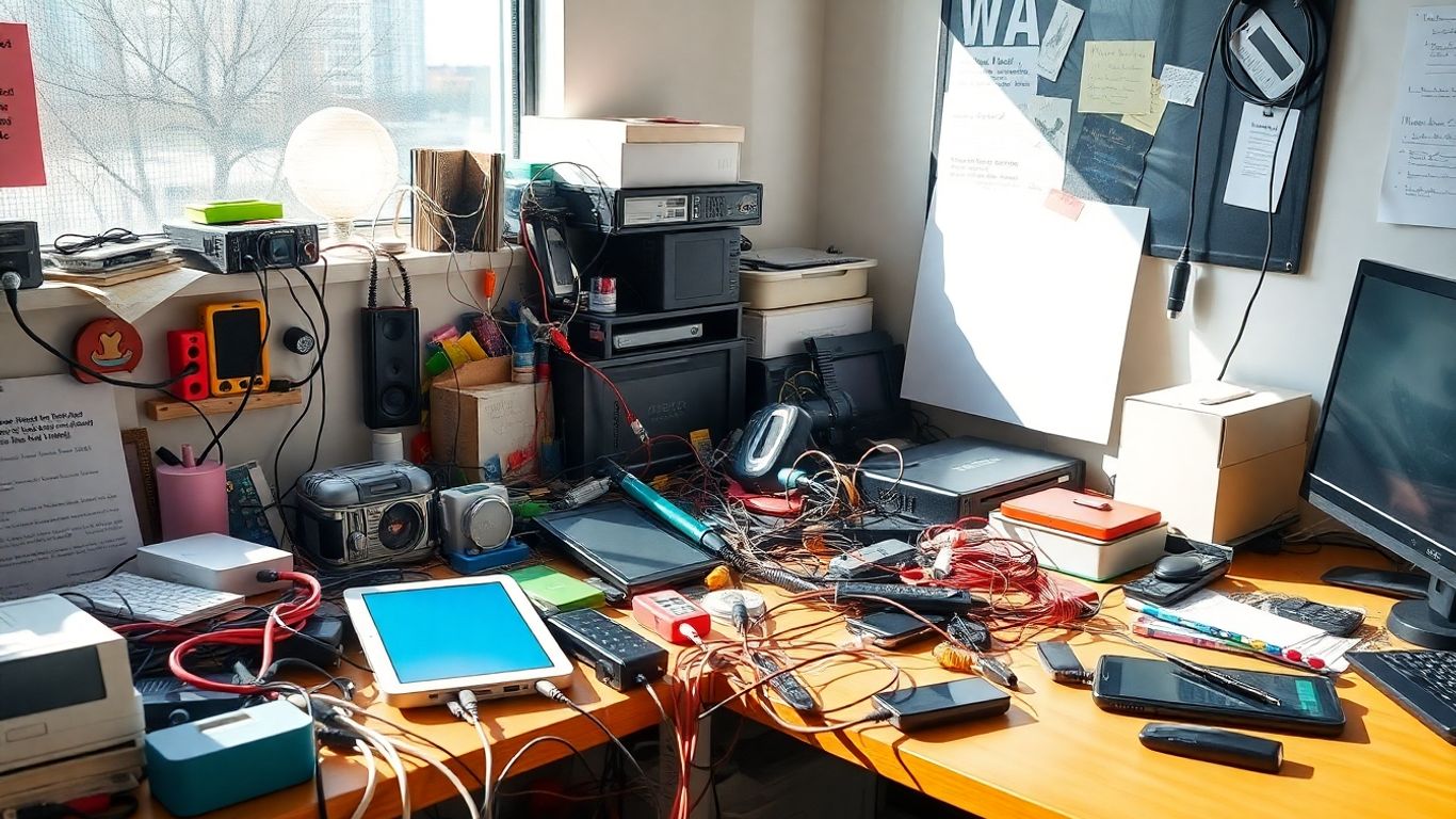 Messy office desk with unused and active tech tools