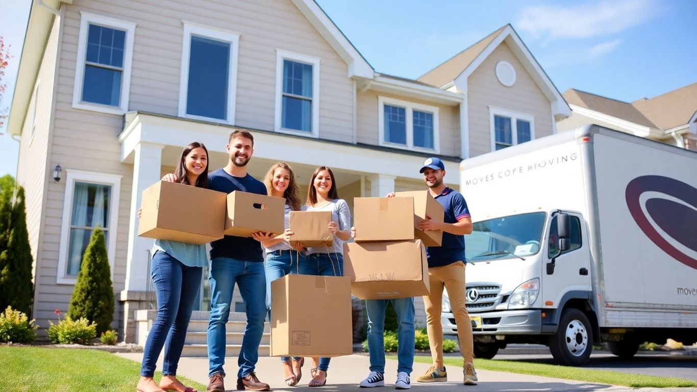 Family with movers and boxes outside a New Jersey home
