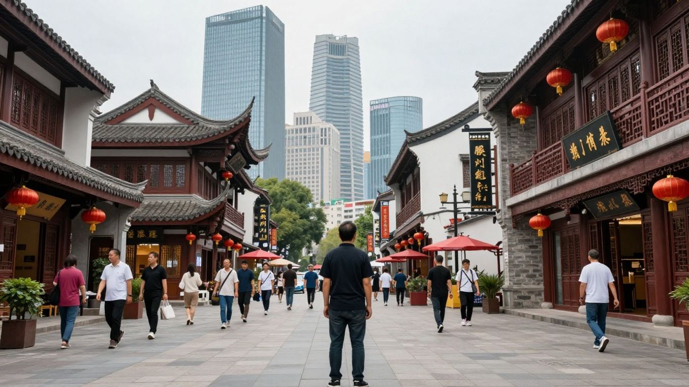 Expat in China with modern skyline background.