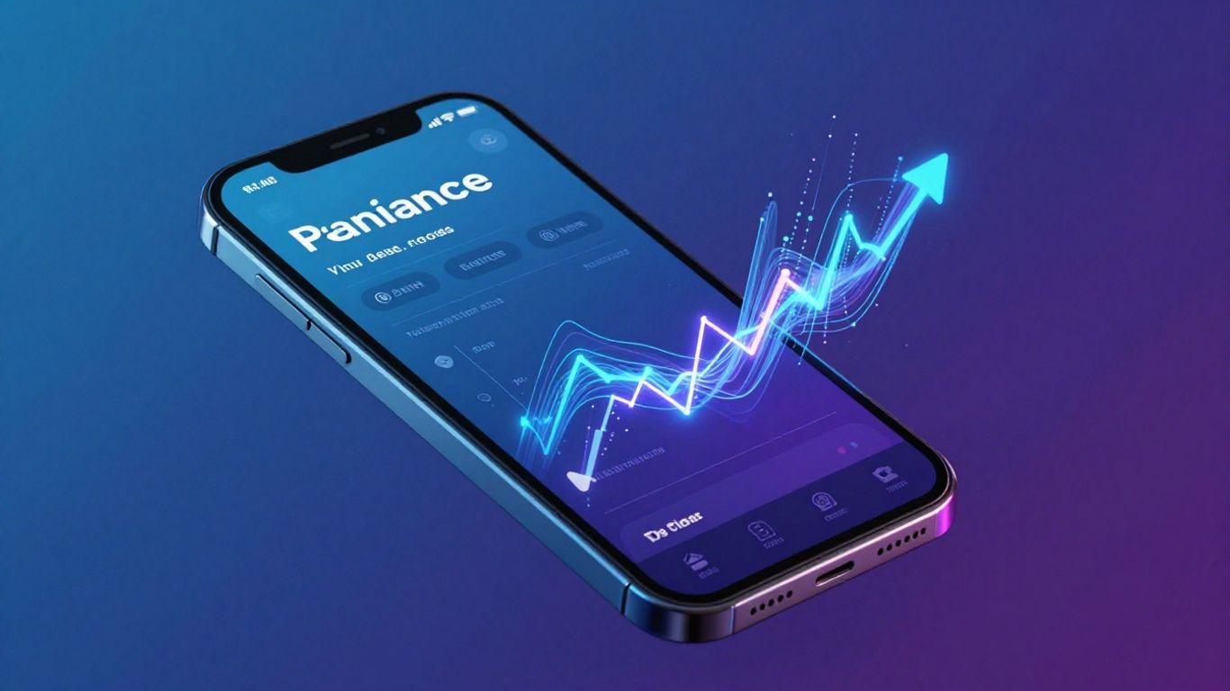 Smartphone with crypto trading app and digital streams.