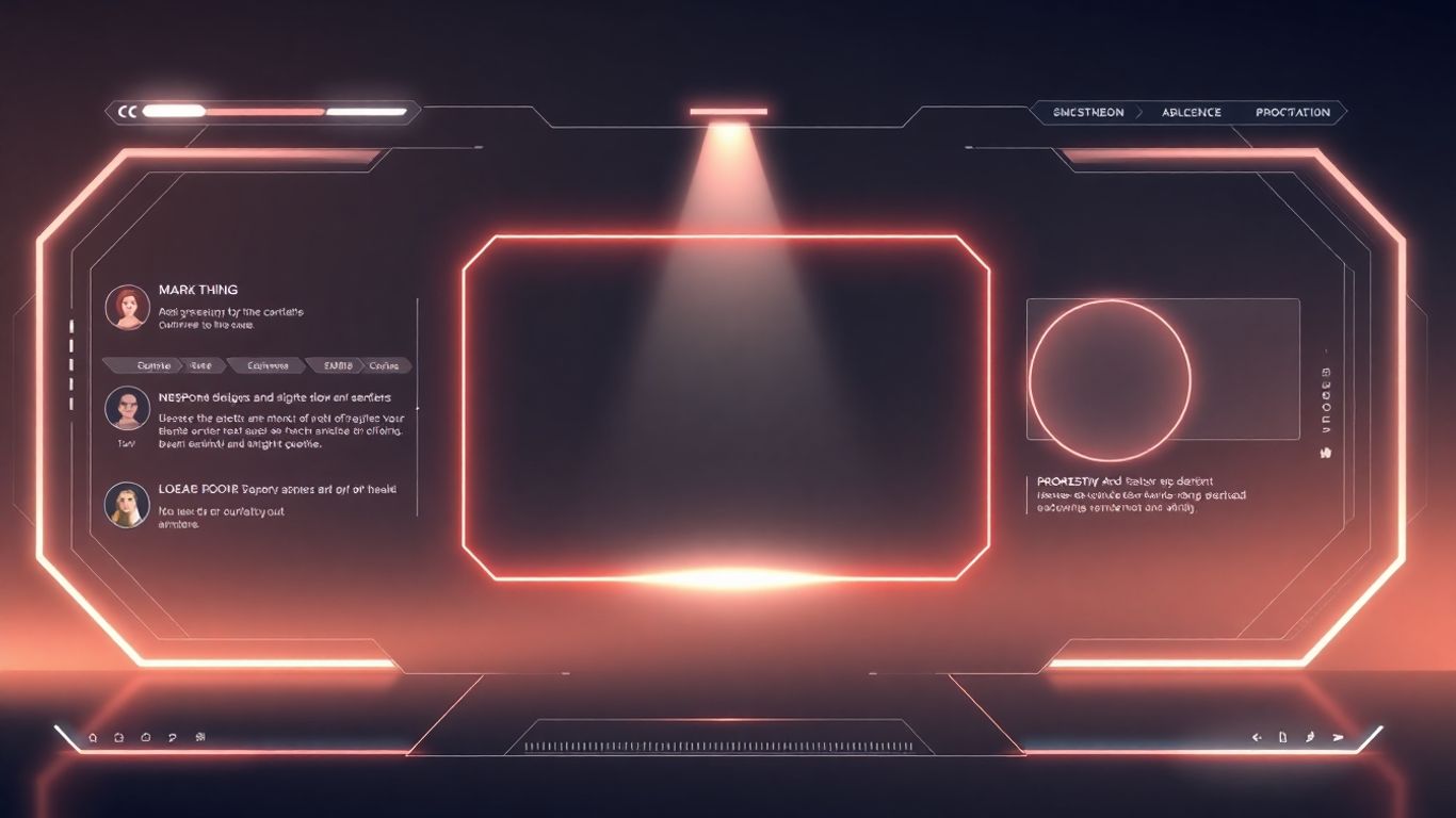 Modern digital interface with glowing navigation and geometric shapes.