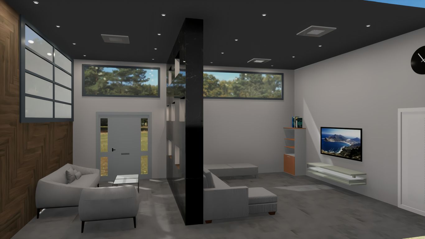 A room with a couch, chair and television in it