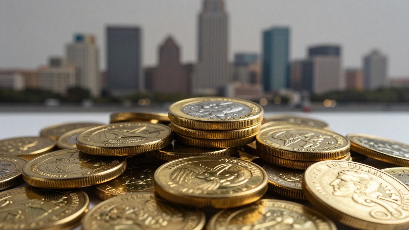 Pioneer gold coins with San Antonio skyline